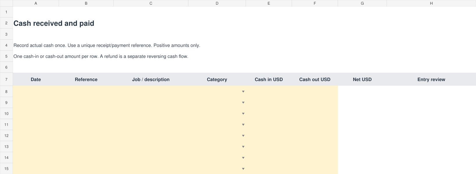 Service Cashbook cash log preview